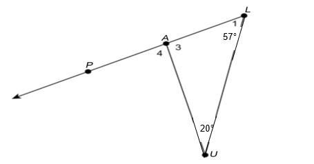 In the figure, <4 is an exterior angle to AUL. Please use complete sentences. (a-example-1