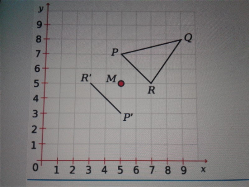 Use the diagram to answer the question. Triangle PQR is rotated 180% clockwise about-example-1