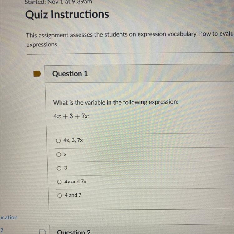 What is the variable in the following expression: 4x +3 + 7x-example-1