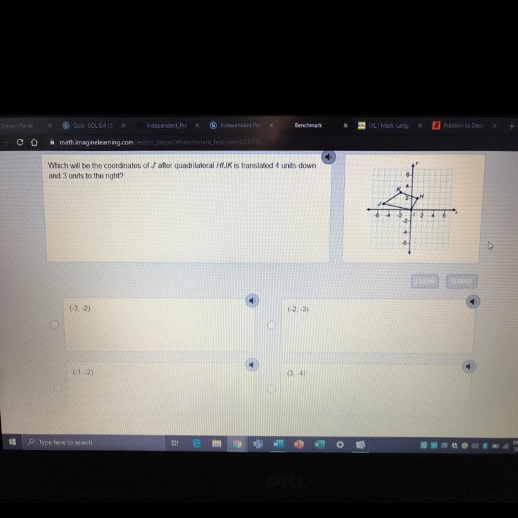 Which will be the coordinates of J after quadrilateral HIJK is translated 4 units-example-1