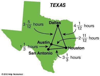 The following map shows the time it takes to drive between four cities in Texas. Jacob-example-1