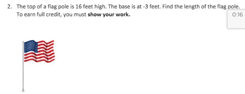 the top of the flag pole is 16ft high. the base is at -3 feet. find the length of-example-1