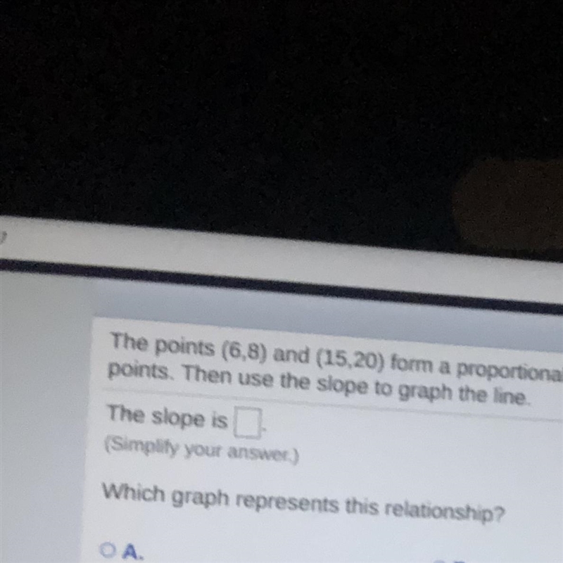 The points (6,8) and (15,20) form a proportional relationship. find the slope of the-example-1