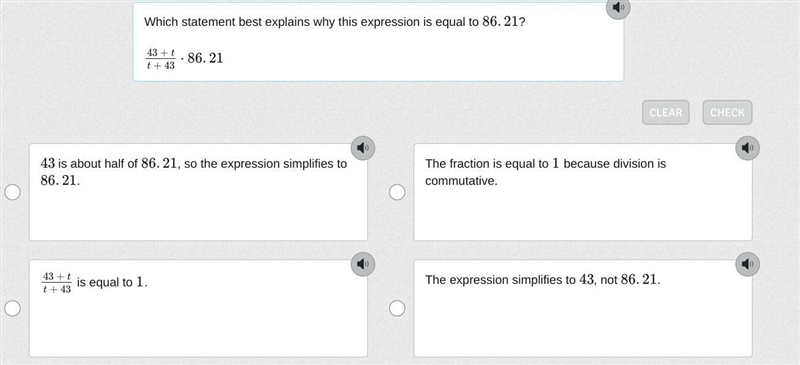 Which statement best explains why this expression is equal to 86.21? 43 + tt + 43⋅86.21-example-1