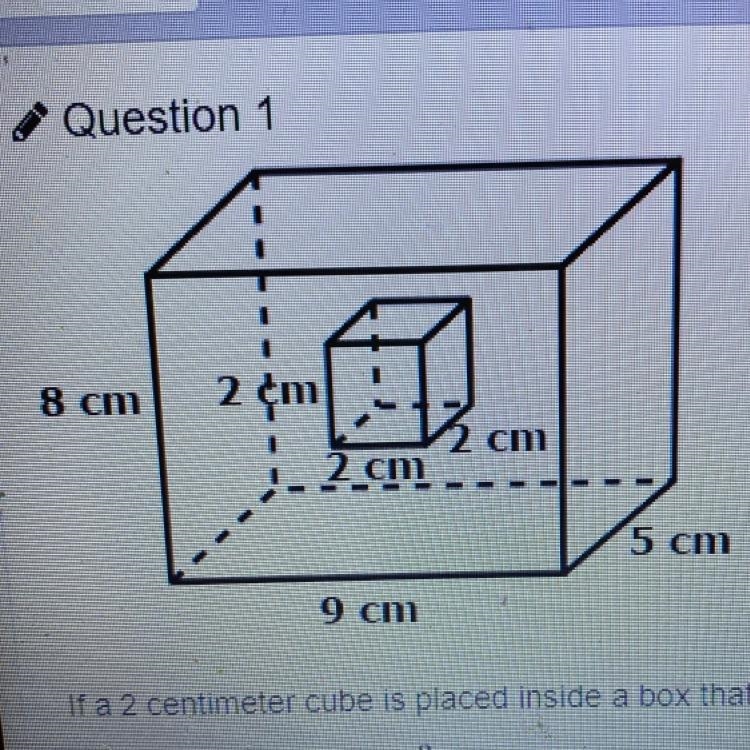 If a 2 centimeter cube is placed inside a box that is 9 cm by 5 cm by 8 cm, what is-example-1