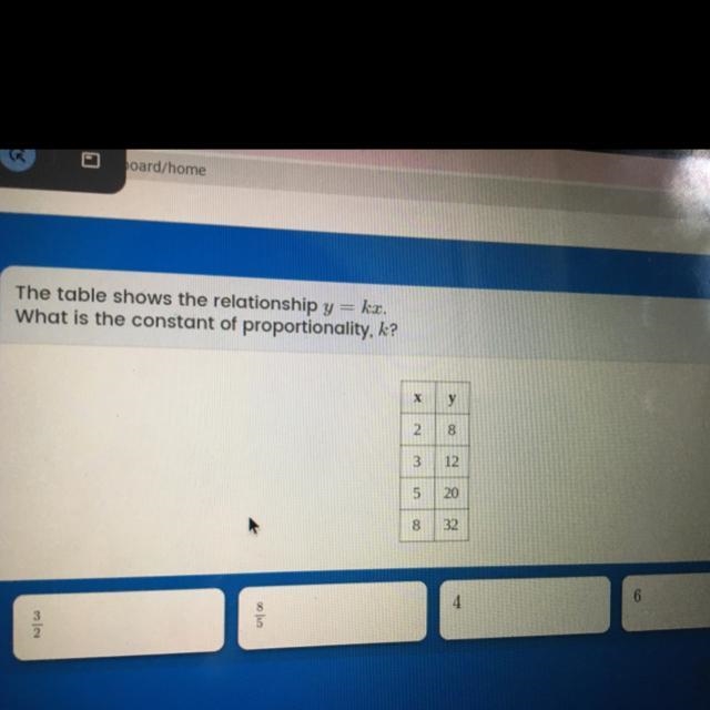 The table shows the relationship y=kx. what is the constant proportion, k?-example-1