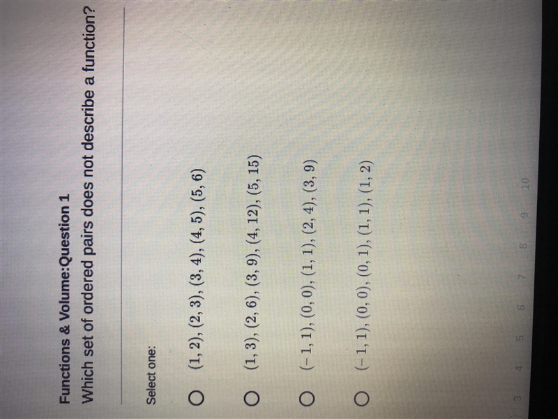 Which set of ordered pairs does not describe a function?-example-1