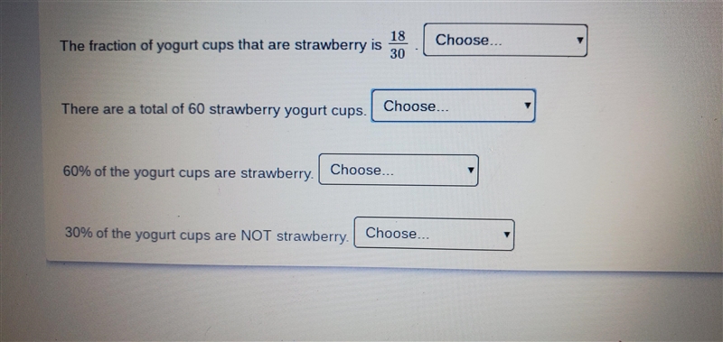 Mrs.dimitri purchased a caasw of yogurt cups. Out of every 10 yogurt cups. 6 are strawberry-example-1