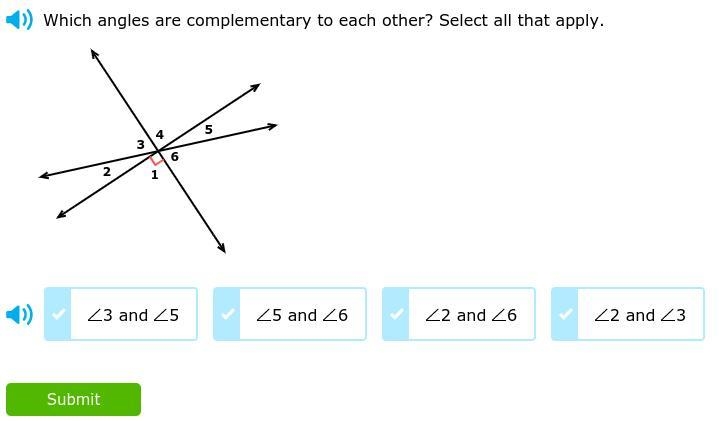 Which angles are complementary to each other? select all that apply.-example-1