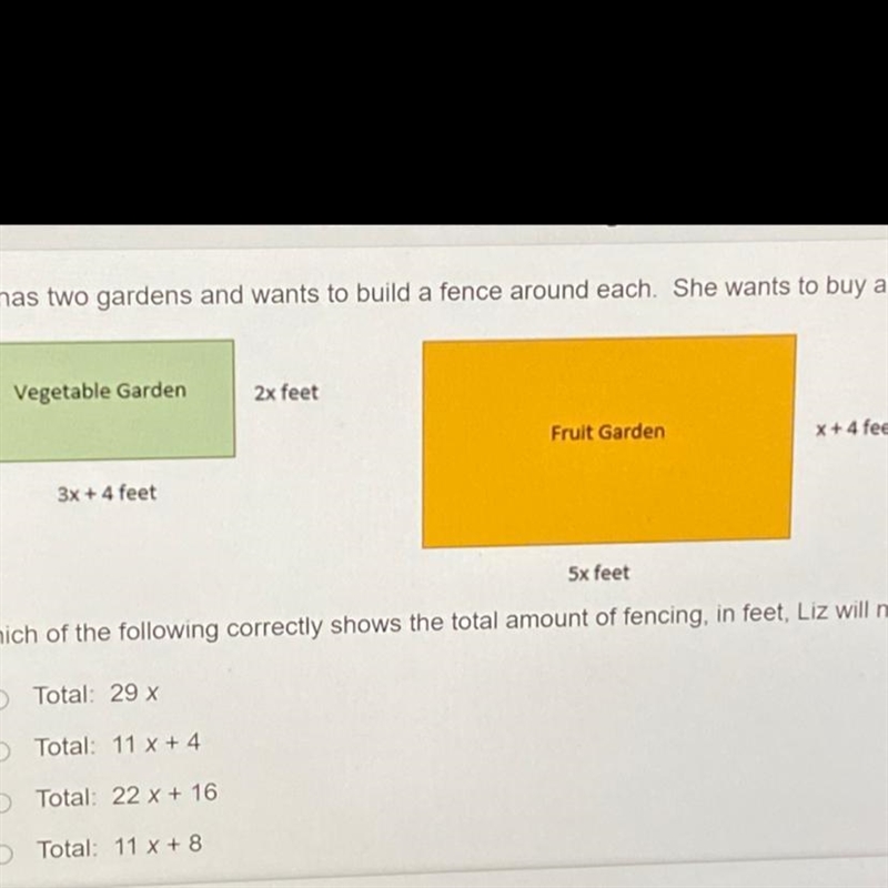 Liz has two gardens and wants to build a fence around each. She wants to buy all ￼the-example-1