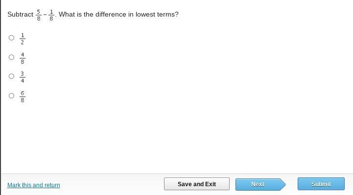 Subtract . What is the difference in lowest terms? One-half Four-eighths Three-fourths-example-1