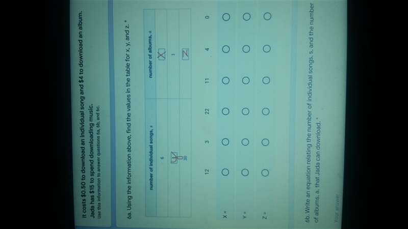 Find the values in the table for x, y, and z. Then write an equation relating the-example-1