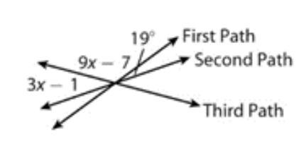 The walking paths at a park meet each other as shown. What is the measure of the angle-example-1