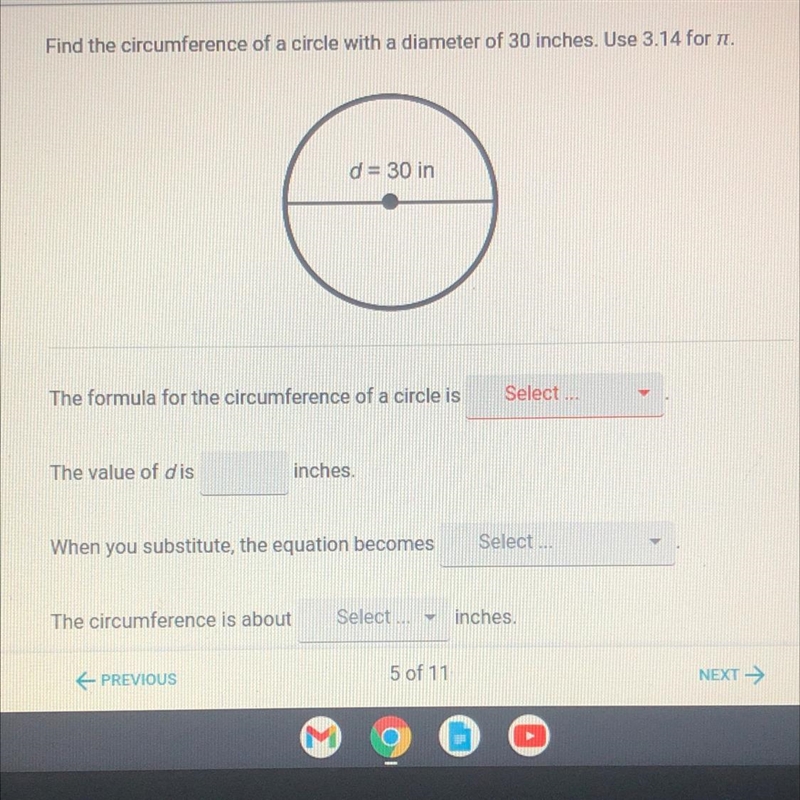 Find the circumference of a circle with a diameter of 30 inches. Use 3.14 for pi-example-1