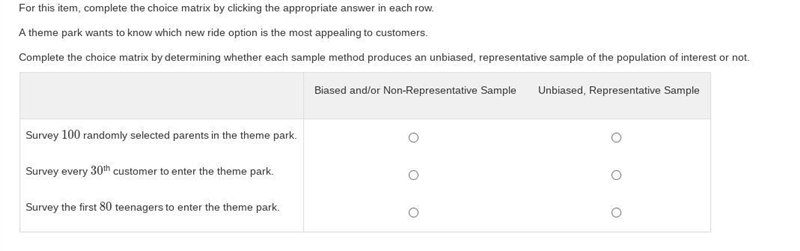 For this item, complete the choice matrix by clicking the appropriate answer in each-example-1