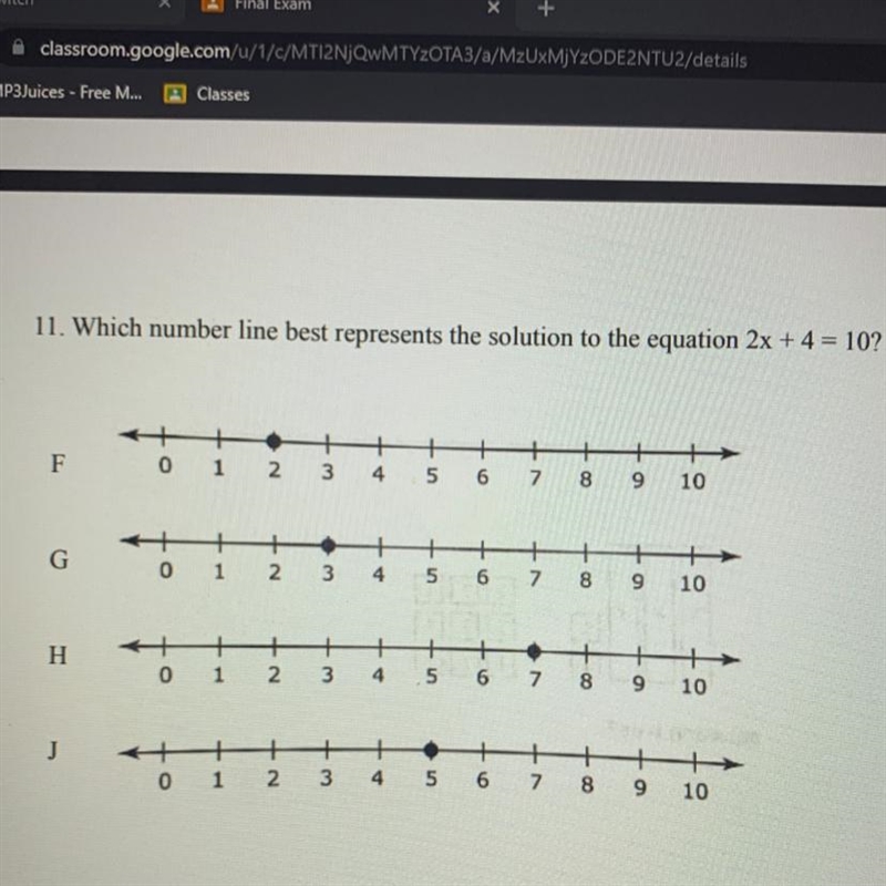 Which number line best represents the solution to the equation 2x+4=10-example-1