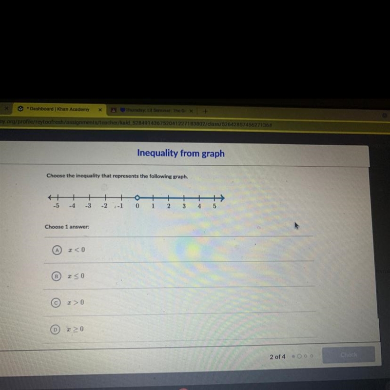 Inequality from graph Choose the inequality that represents the following graph.-example-1