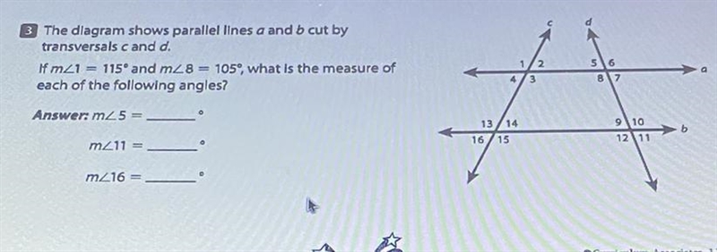 The diagram shows parallel lines a and b cut by transversals c and d. if m<1 = 115 degrees-example-1