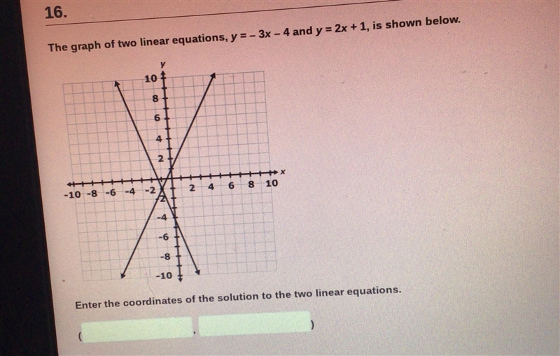 The graph of two linear equations, y = - 3x - 4 and y = 2x + 1, is shown below.-example-1