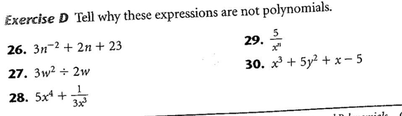 PLZZZ HELP Tell why these expressions are not polynomials-example-1