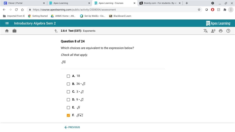 Which choices are equivalent to the expression below? square root of 18.-example-1