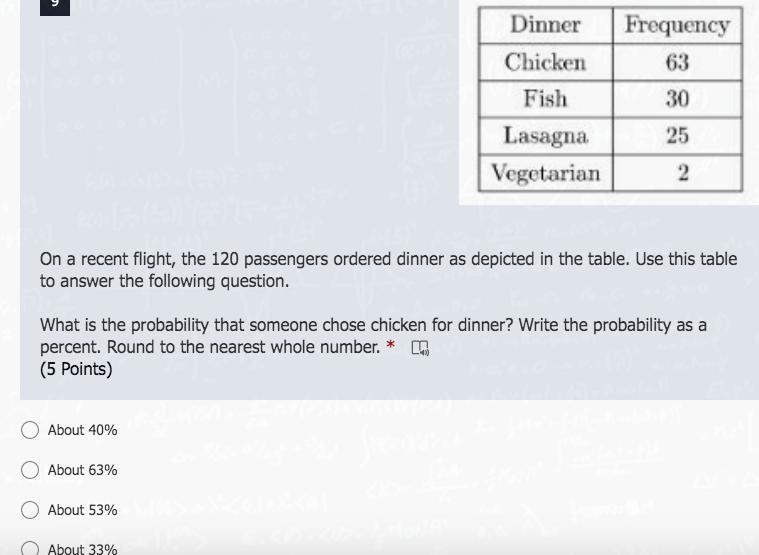 On a recent flight, the 120 passengers ordered dinner as depicted in the table. Use-example-1