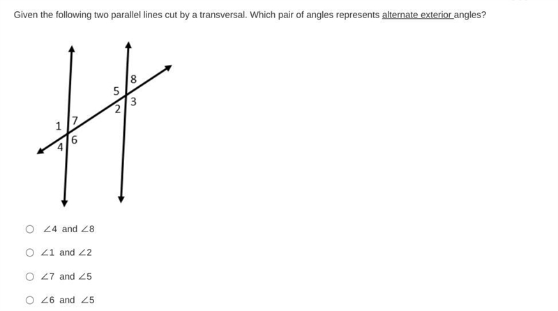 Which one is the alternate exterior angles?-example-1