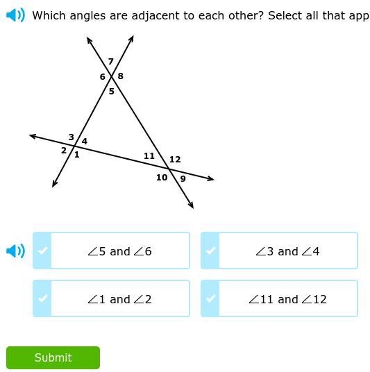 Which angles are adjacent to each other. SELECT ALL THAT APPLY!!!!-example-1