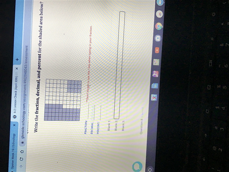 Write the fraction decimal and percent for the shaded area below-example-1