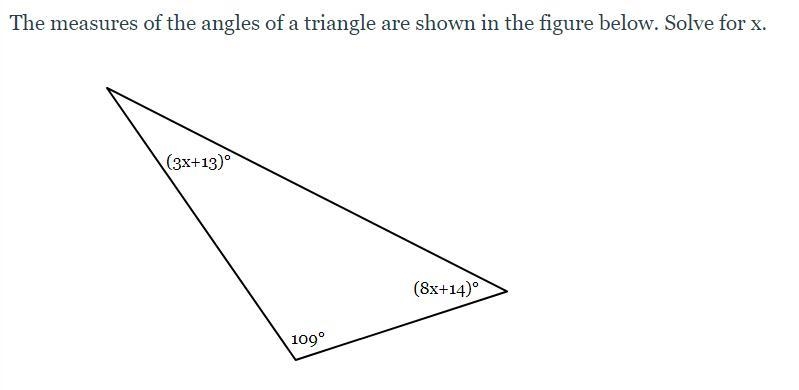 The measures of the angles of a triangle are shown in the figure below. Solve for-example-1