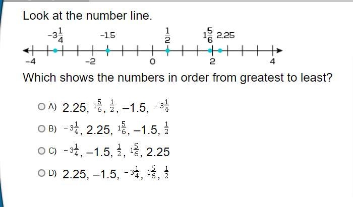 Look at the number line. Which shows the numbers in order from greatest to least? A-example-1