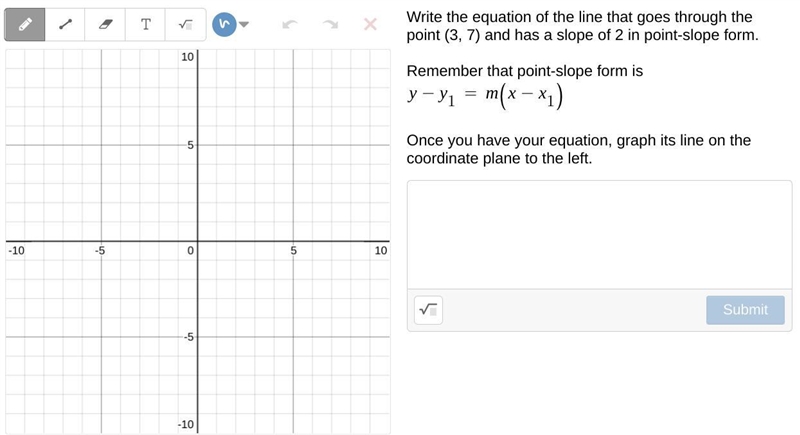 Write the equation of the line that goes through the point (3, 7) and has a slope-example-1