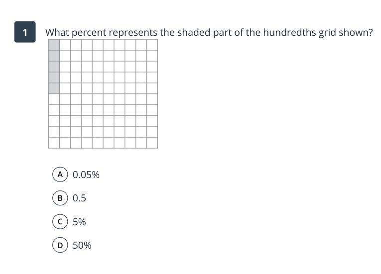 What percent represents the shaded part of the hundredths grid shown? A 0.05% B 0.5 C-example-1