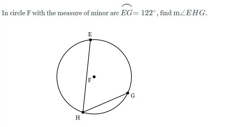 In circle F with the measure of minor arc EG = 122, finh m-example-1