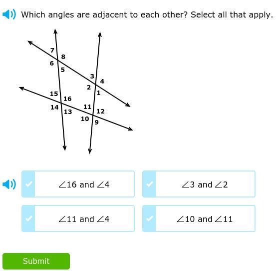 Which angles are adjacent to each other ? select all that apply-example-1