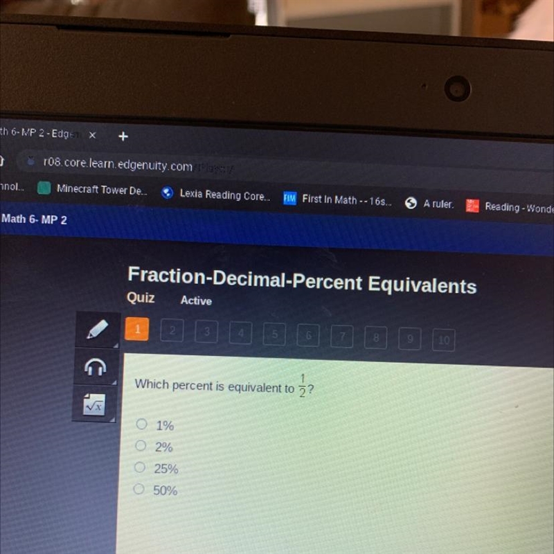 2 5 6 8 9 10 Which percent is equivalent to ż? 1% 2% 25% 50%-example-1