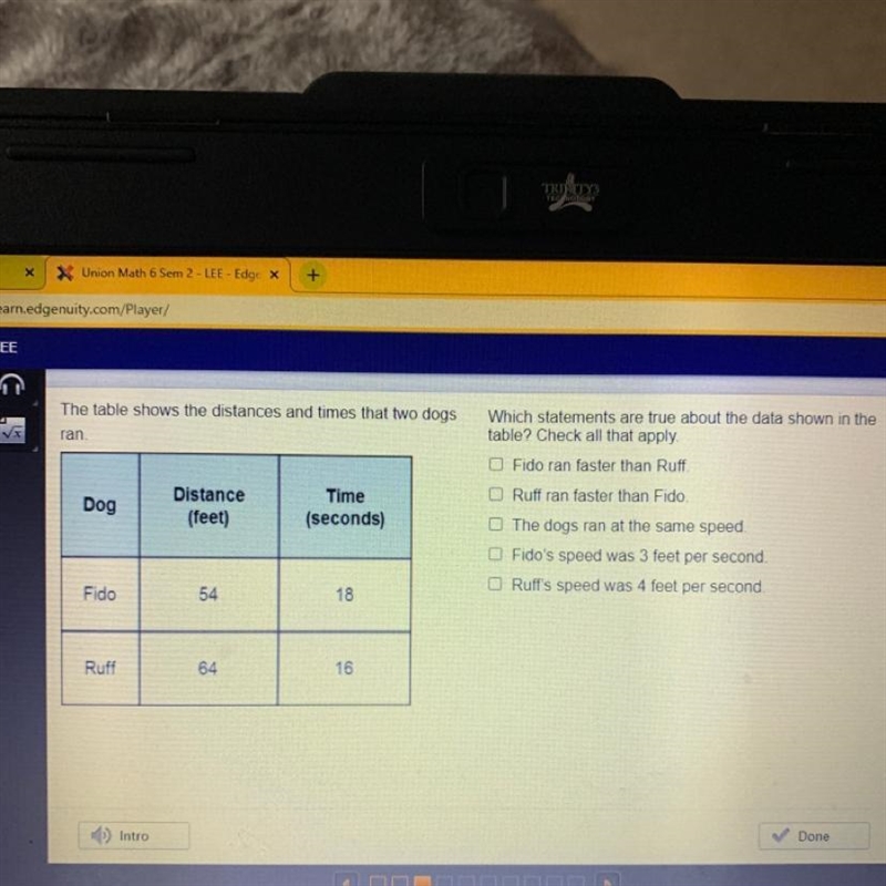 The table shows the distances and times that two dogs ran Dog Which statements are-example-1