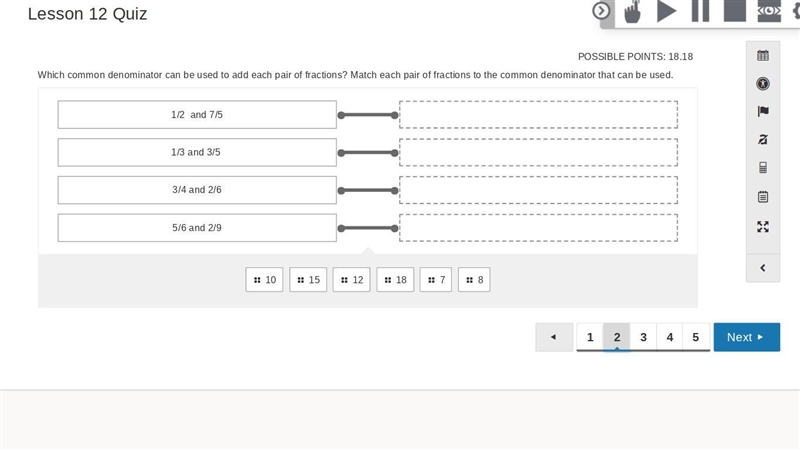 Which common denominator can be used to add each pair of fractions? Match each pair-example-1