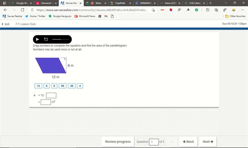 Drag numbers to complete the equation and find the area of the parallelogram. Numbers-example-1