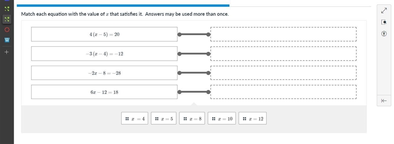 QUICK HELP - Match each equation with the value of x that satisfies it. Answers may-example-1