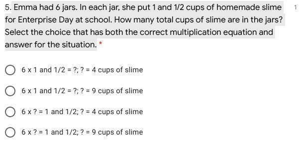 Emma had 6 jars. In each jar, she put 1 and 1/2 cups of homemade slime for Enterprise-example-1