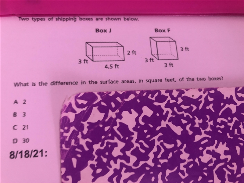 Two boxes are shown below What is the difference in the surface areas, in square feet-example-1