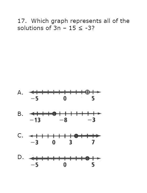 Which graph represents all of the solutions of 3n–15≤ -3?-example-1