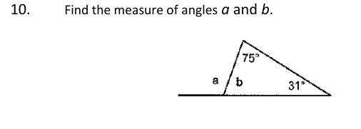 Find the measure of angles a and b-example-1