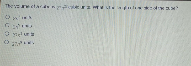 The volume of a cube is 2727 cubic units. What is the length of one side of the cube-example-1