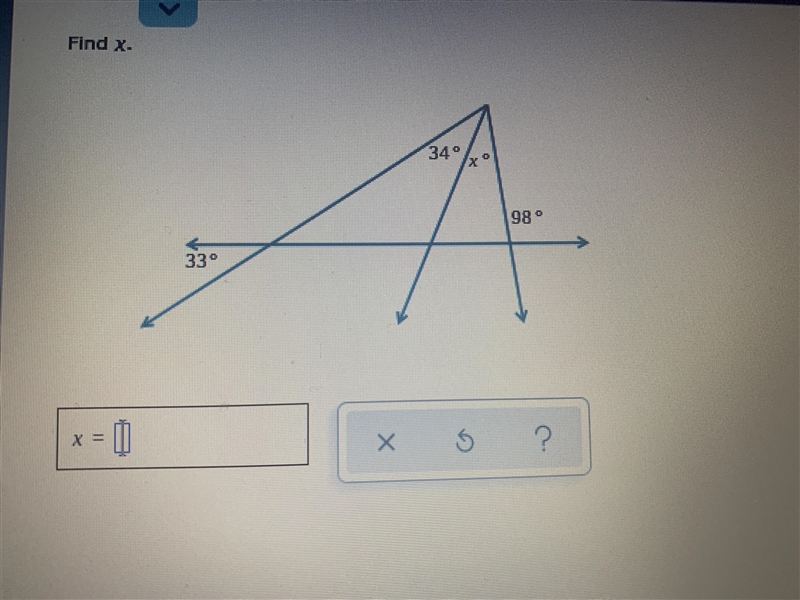 Find x. (Finding an angle measure given extended triangles) Please help. Thanks!-example-1