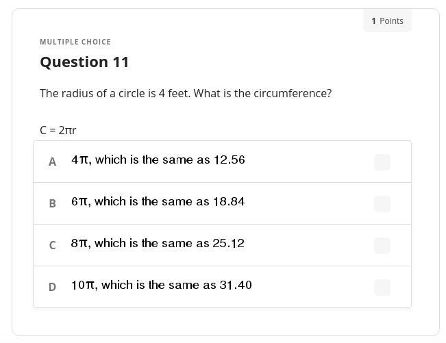 The radius of a circle is 4 feet. What is the circumference?-example-1