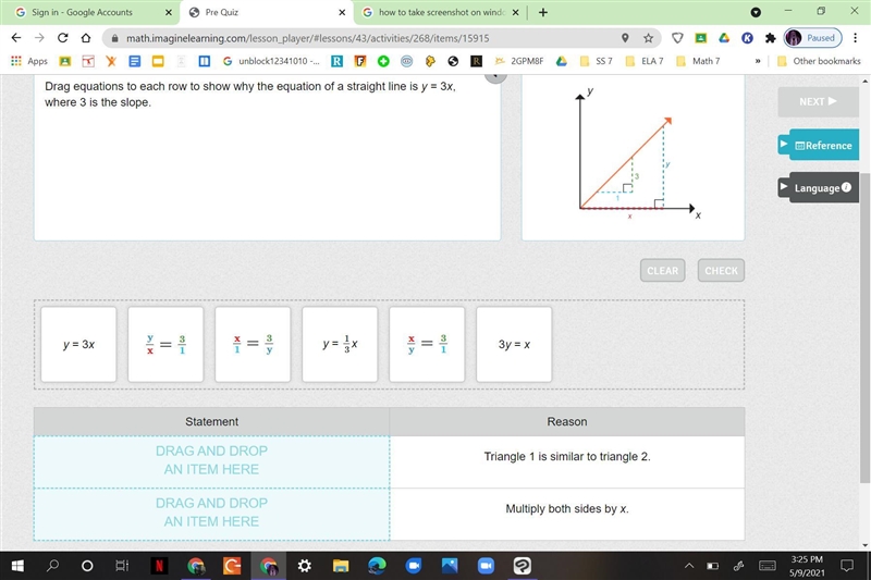 Drag equations to each row to show why the equation of a straight line is y = 3x, where-example-1