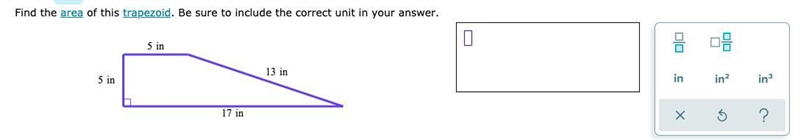 PLEASE HELP!!! Find the area of this trapezoid. Be sure to include the correct unit-example-1