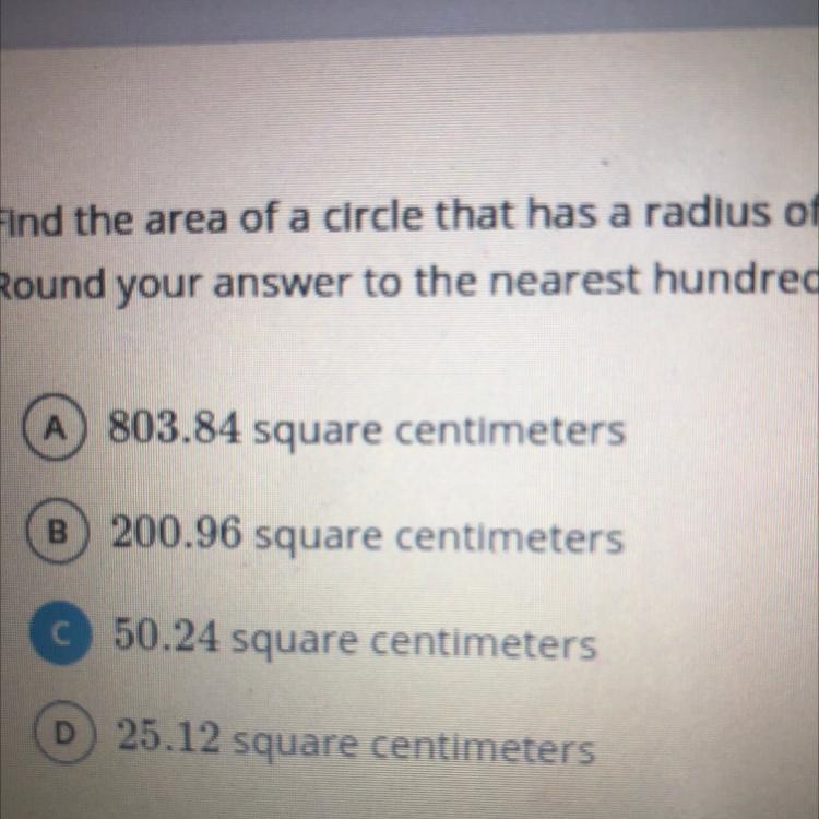 Find the area of a circle that has a radius of 8 centimeters. Use 3.14 as an approximation-example-1